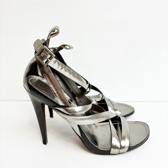 TORY BURCH METALLIC PEWTER STRAPPY HEELED SANDALS SIZE 10 - Picture 8 of 8